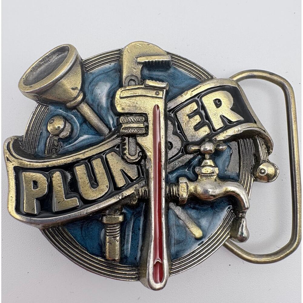 1982 Plumber Western Belt Buckle with Gold-one Base and Multi-color Details